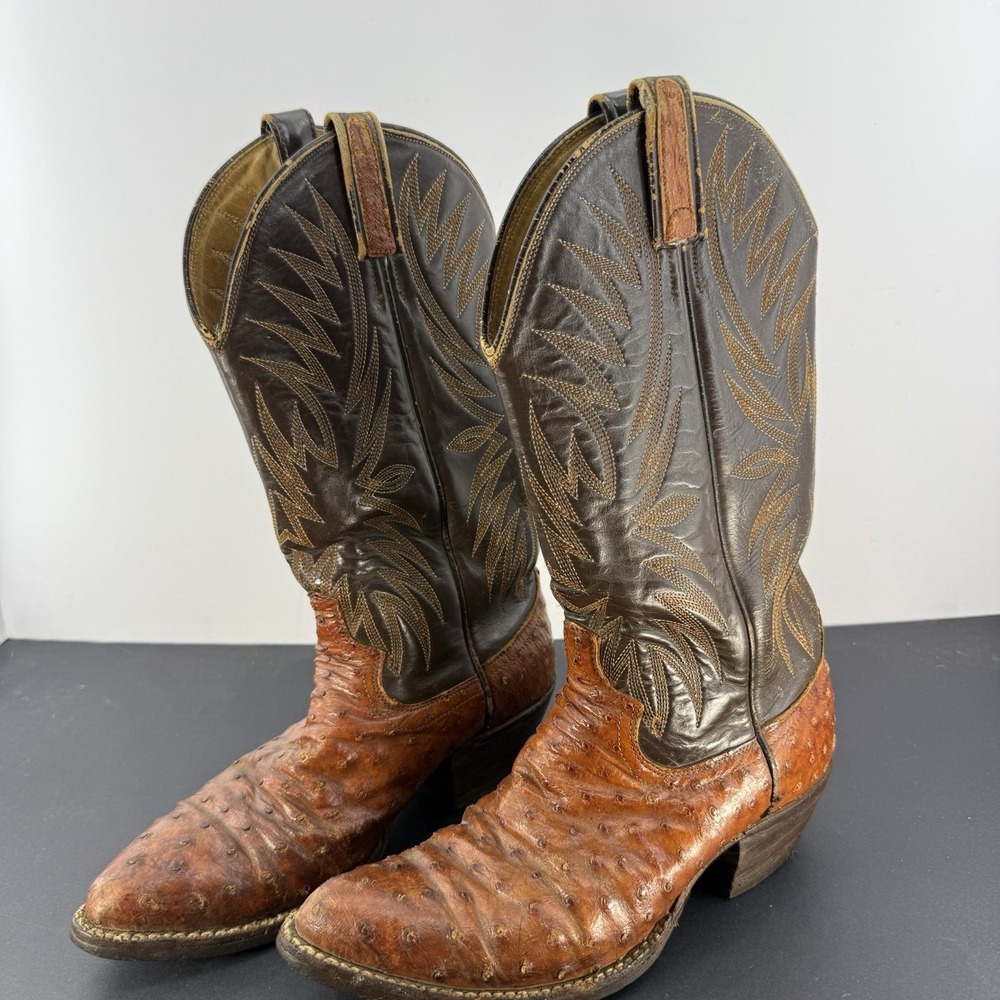 Amazonas Full Quill Ostrich Leather Cowboy Boots Brown Western Men's Size 7.5